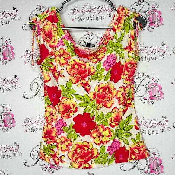 Reitmans Tops - Reitmans top cinch tie sleeves bright flowers Floral Print shirt y2k neon
